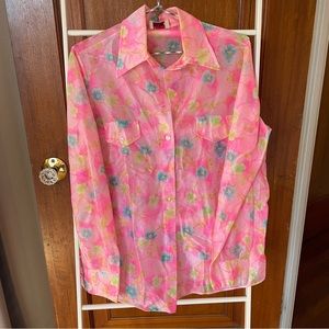 Wet look cyber neon semi-sheer 1970s button up collar blouse hot pink M